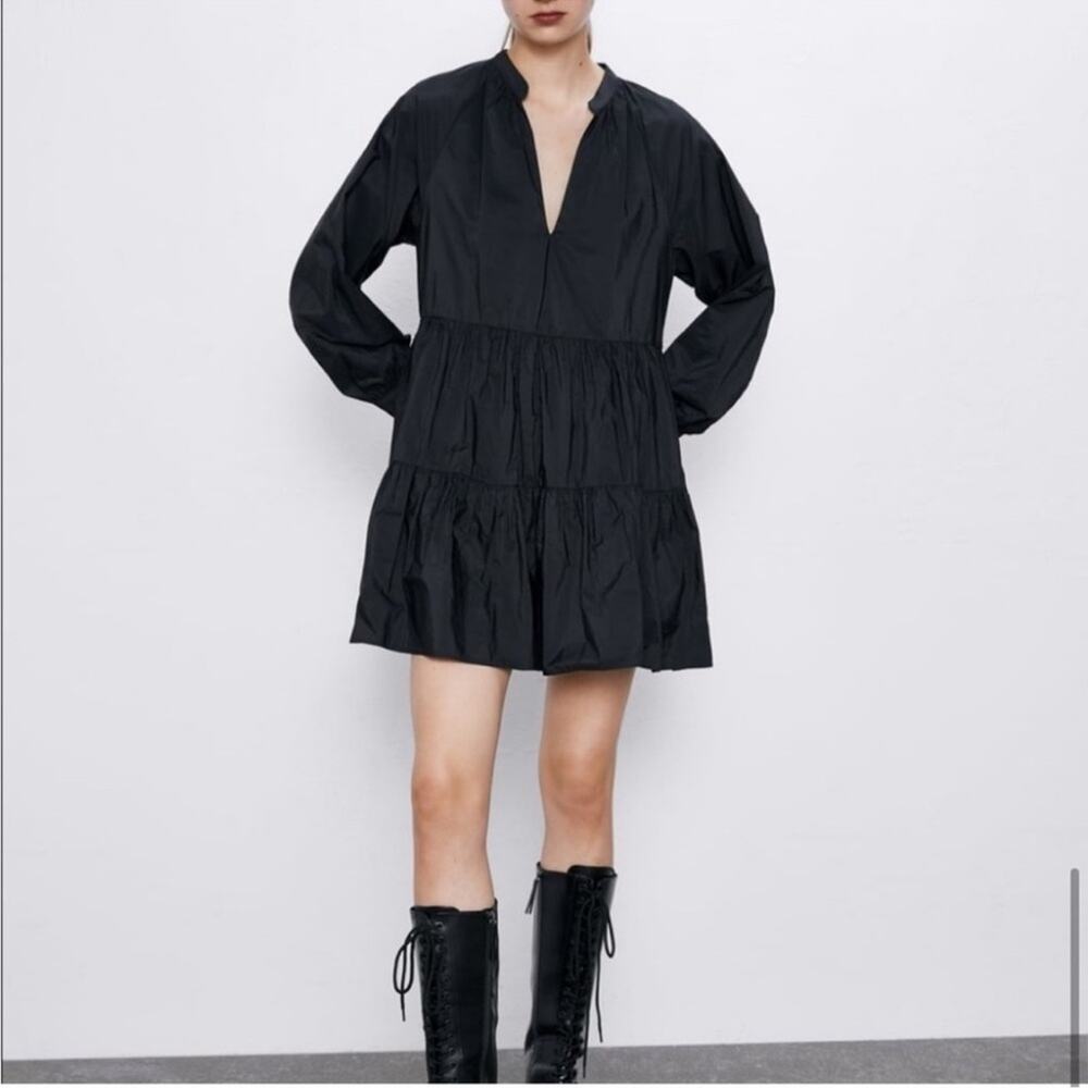 Zara Tiered V-Neck Long Sleeve Mini Swing Dress Black Size XS